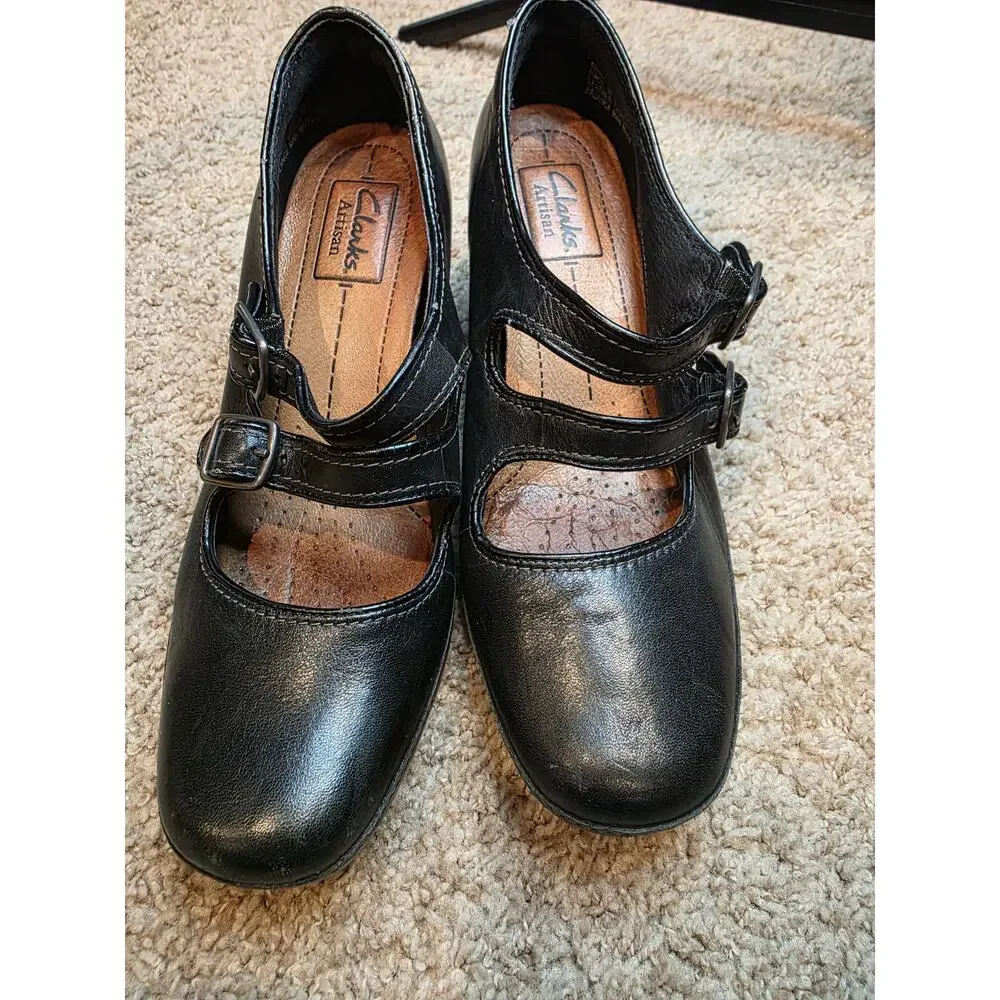 Clarks Artisan Black Double Straps Mary Janes Heel size‎ 7
